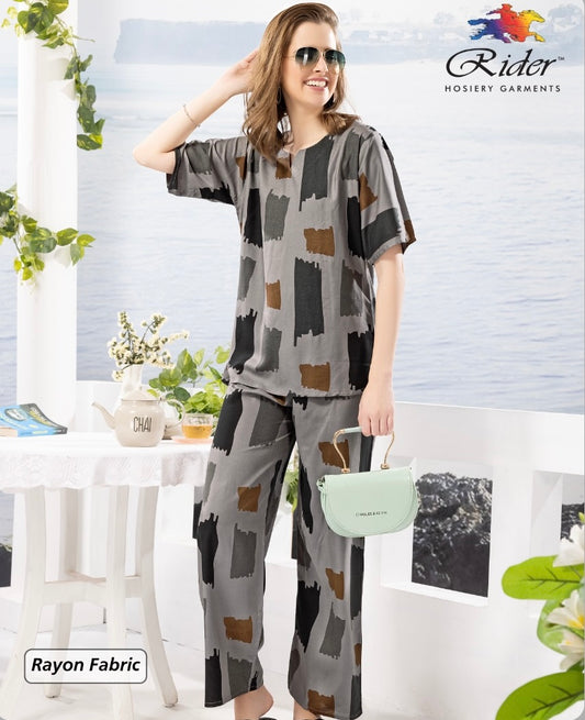 Ash Grey Block Print Rayon Loungewear Set