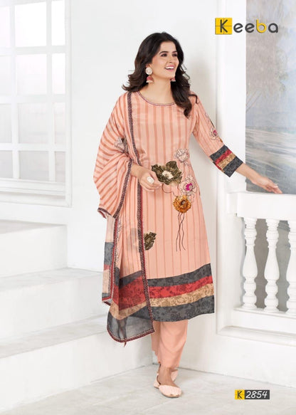 Woman in peach floral embroidered salwar suit with dupatta, modern ethnic festive wear