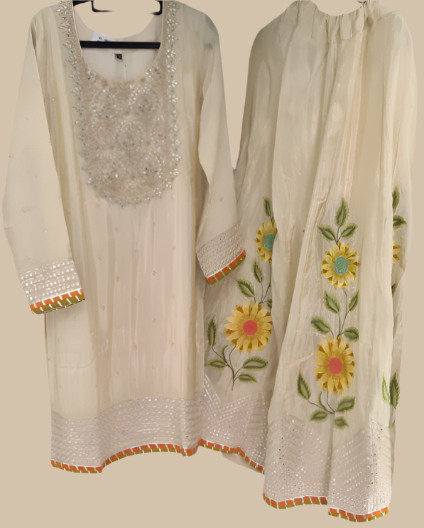 Ivory Whisper Designer Sunflower Embroidered Kurta and Skirt Set