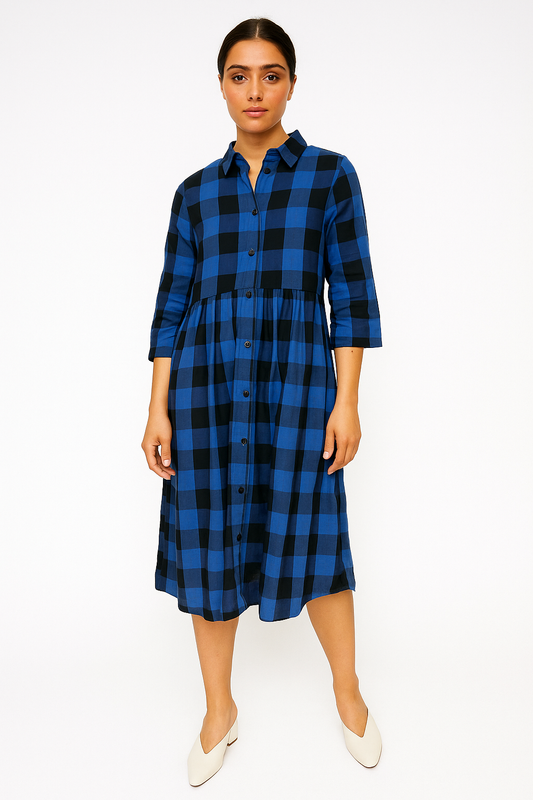Blue Black Check Shirt Midi Dress
