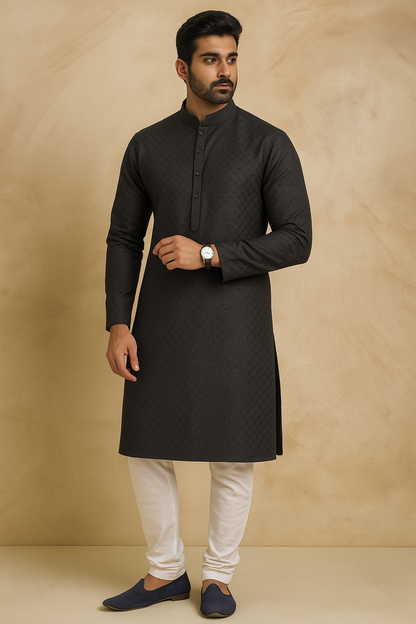 Black Textured Cotton Silk Kurta Set | Code: 9116