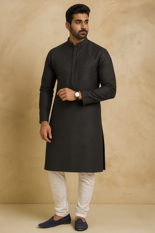 Black Textured Cotton Silk Kurta Set | Code: 9116