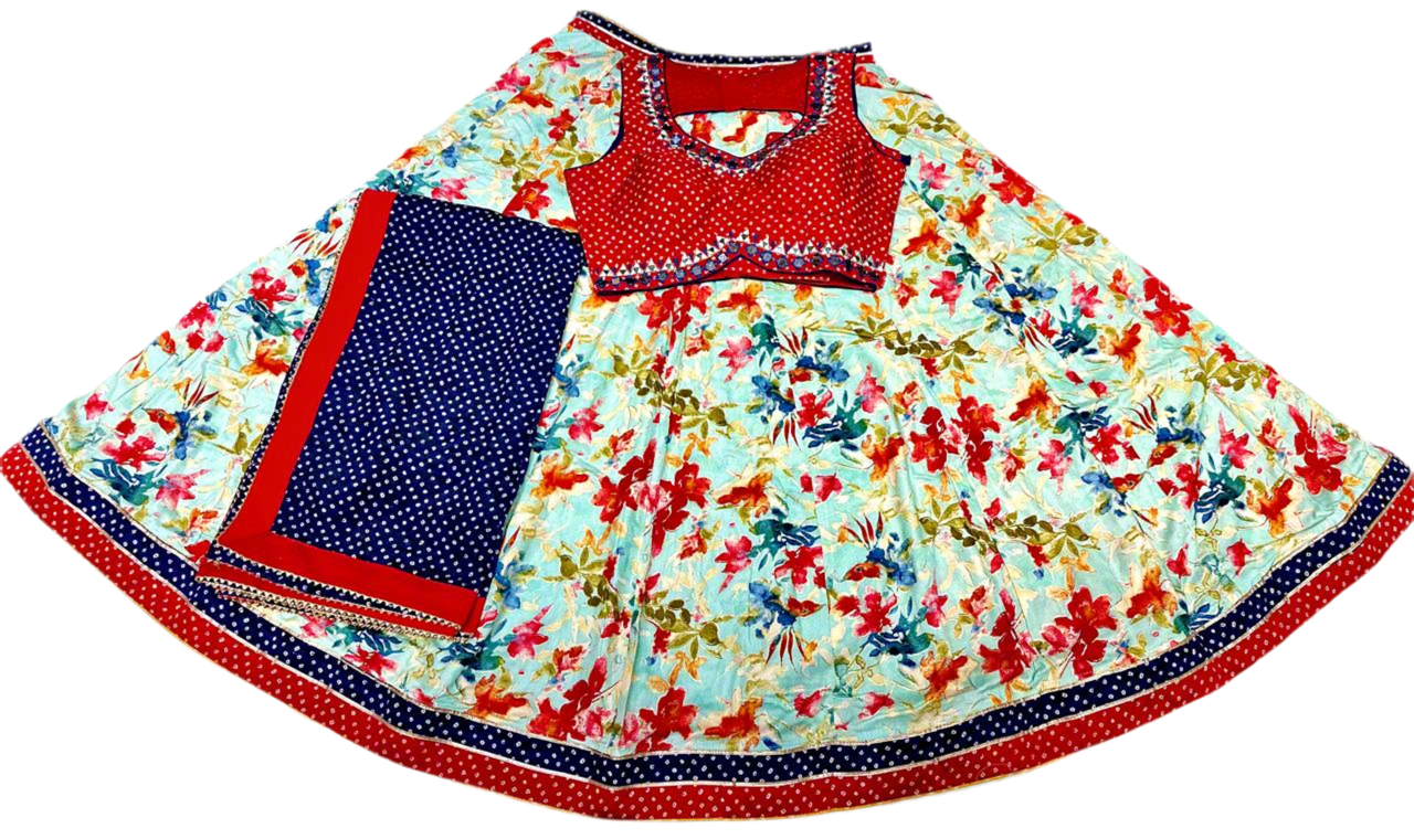 Floral lehenga choli set with red embroidered blouse and blue polka dot dupatta