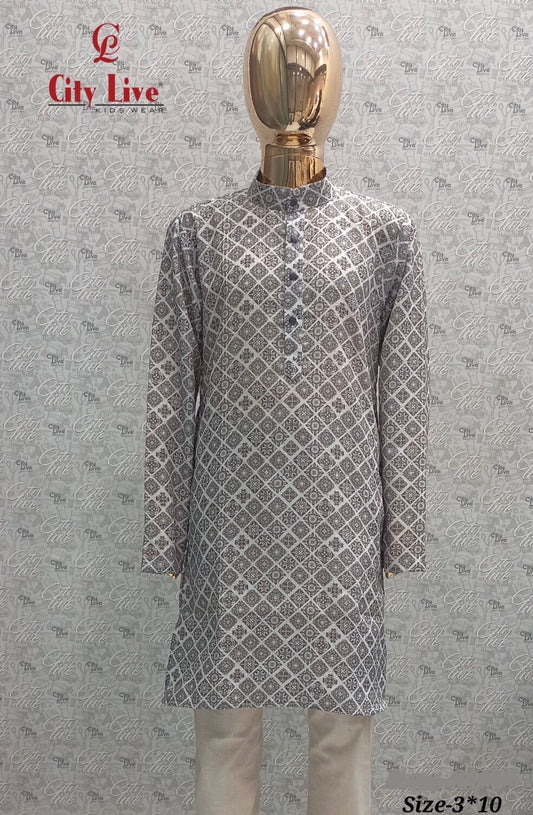Boys Grey Geometric Print Kurta Set
