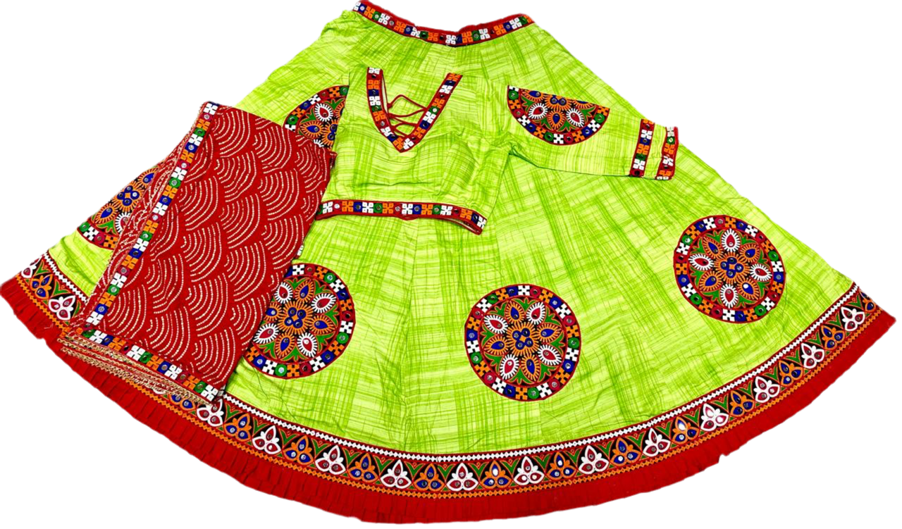 Vibrant green traditional kids lehenga choli with colorful embroidery and red dupatta