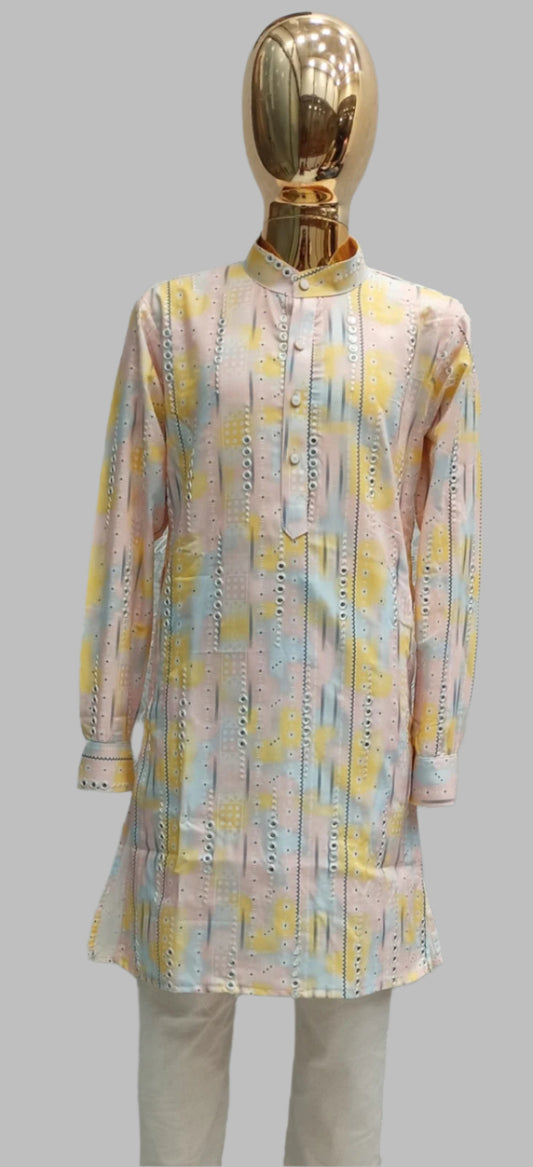 Kids Printed Kurta & White Churidar Set