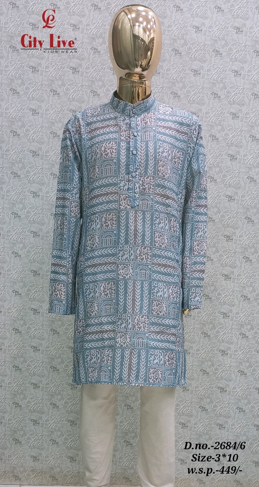 Boys Dusty Blue Printed Kurta Set