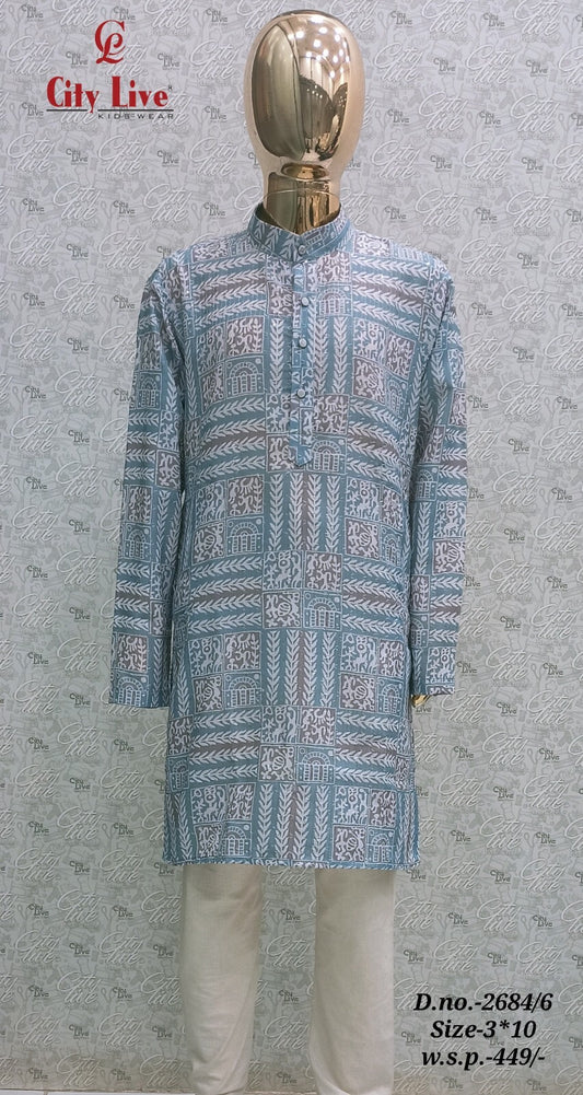 Boys Dusty Blue Printed Kurta Set