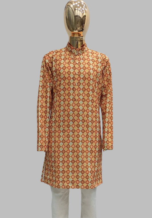 Boys Rust Gold Printed Kurta
