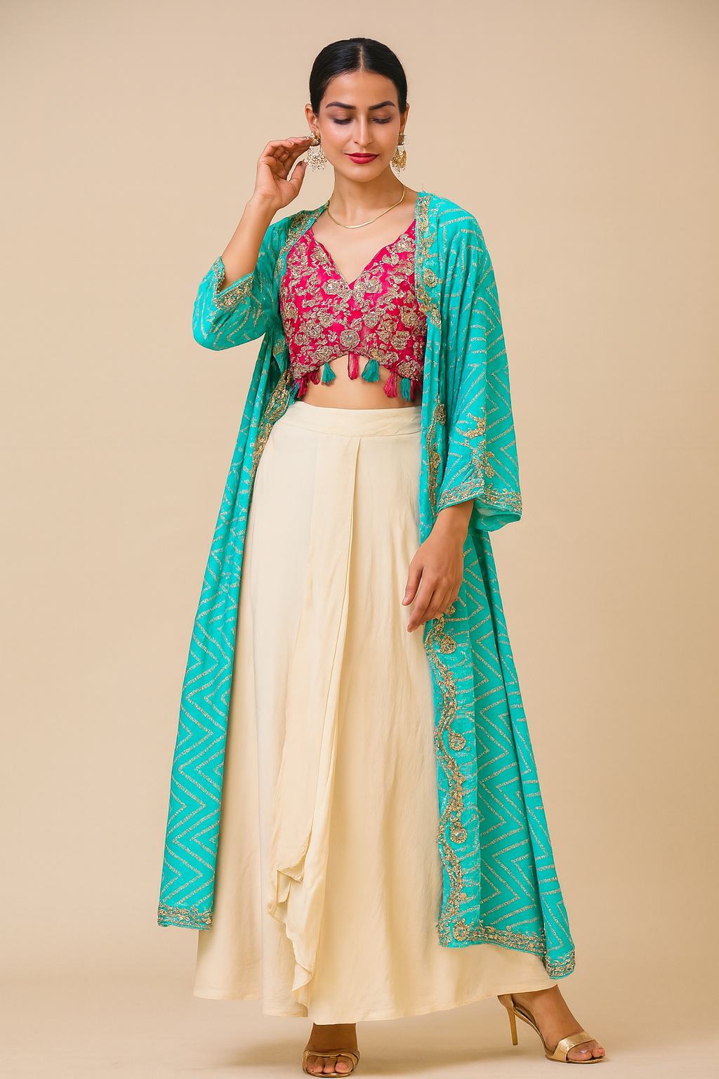 Woman wearing a traditional outfit with a pink blouse, cream skirt, and teal jacket on a beige background