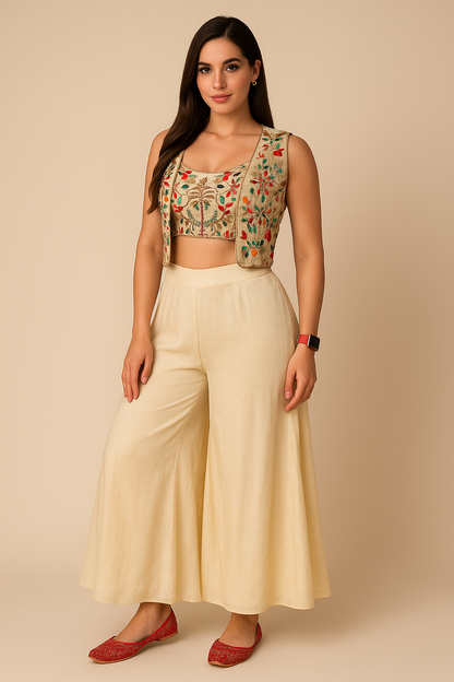 Elegant Beige Indo-Western Embroidered Jacket Set