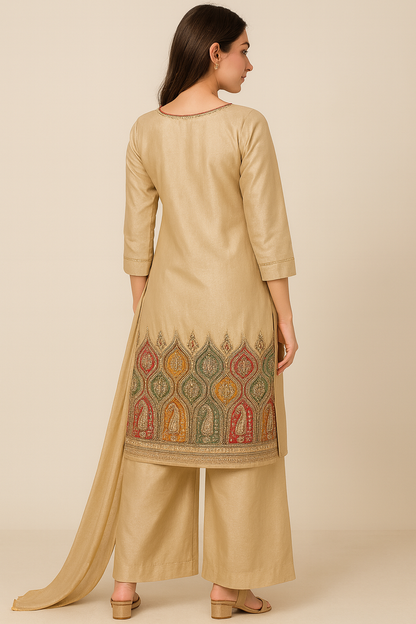Woman wearing a beige traditional outfit with a patterned hem on a beige background