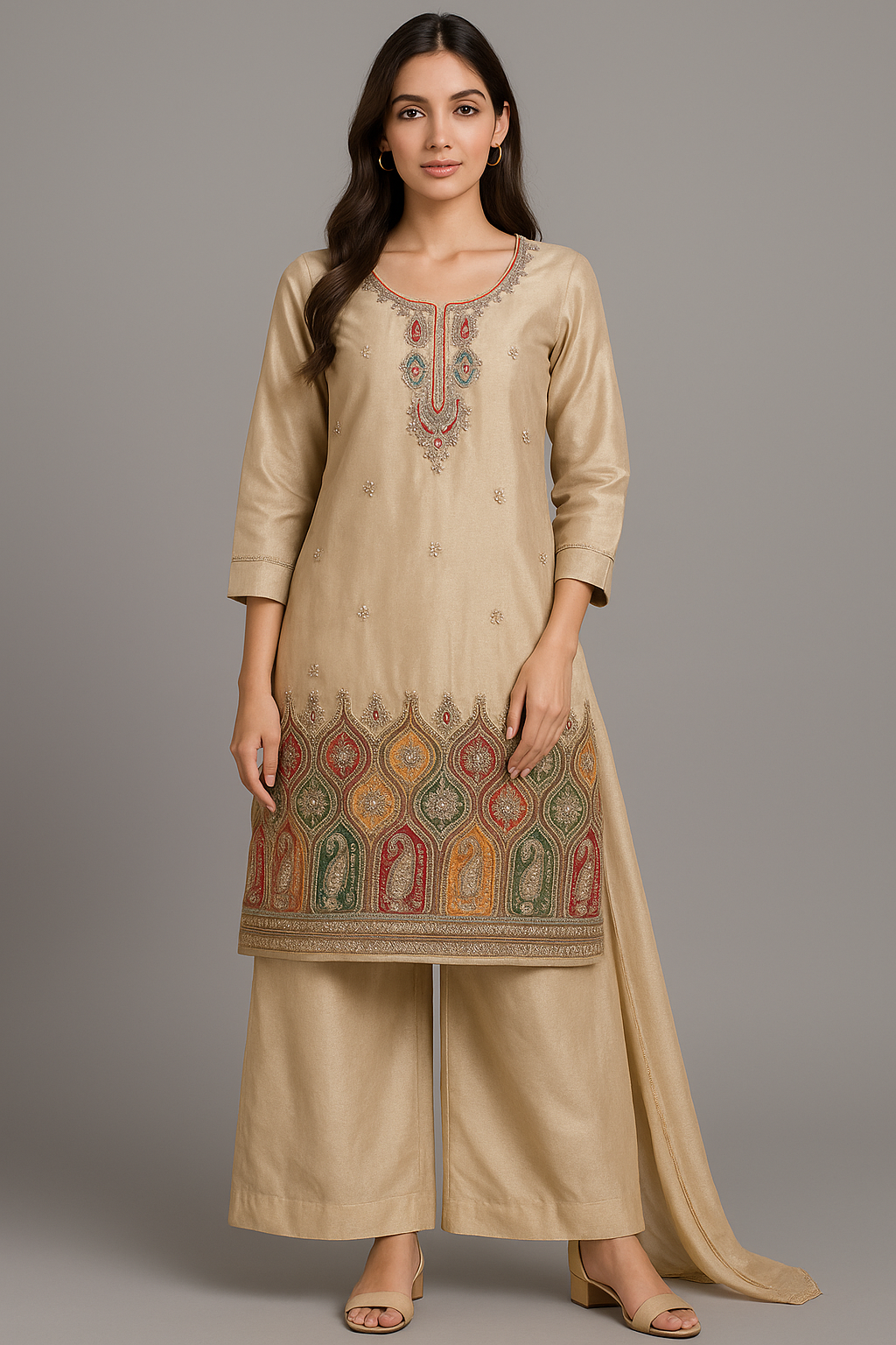 Woman wearing a beige embroidered traditional outfit on a gray background