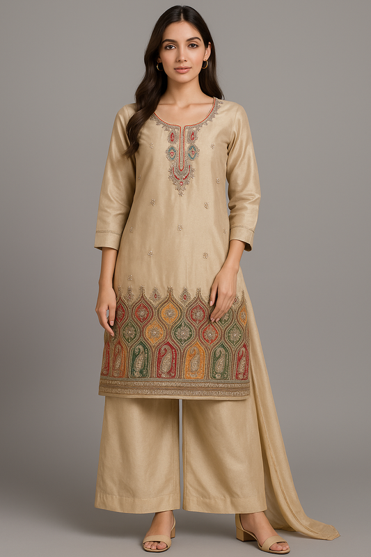 Woman wearing a beige embroidered traditional outfit on a gray background