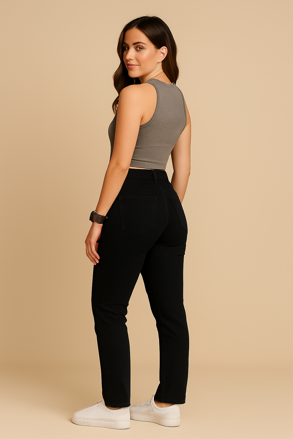Woman wearing a gray tank top and black pants on a beige background