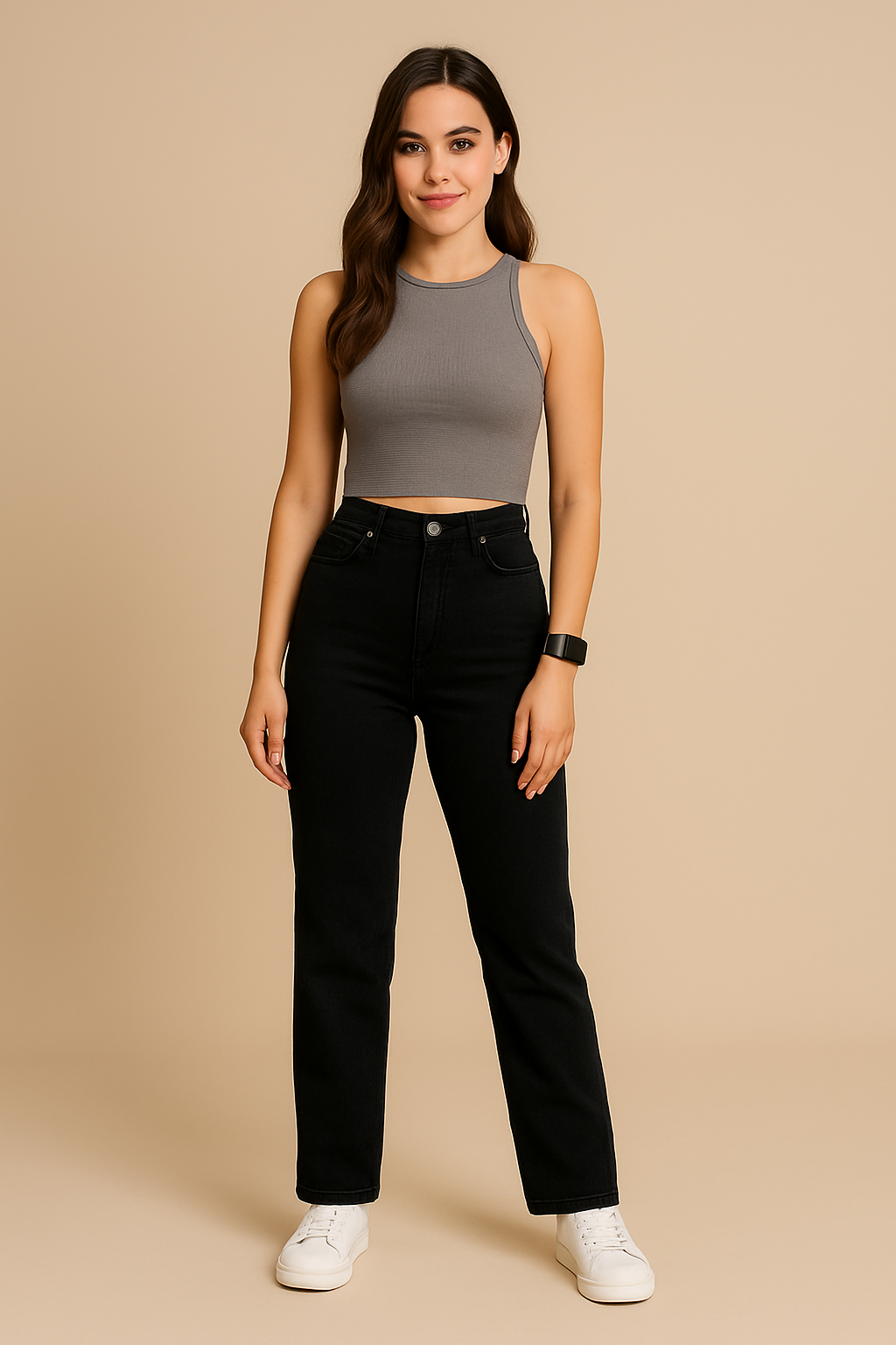 Woman wearing a gray tank top and black jeans against a beige background