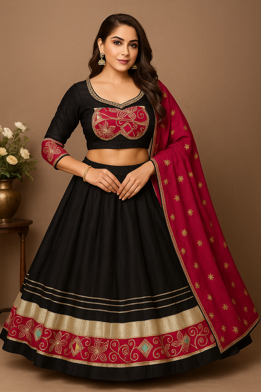 Woman wearing a black and red traditional outfit with a pink dupatta on a brown background