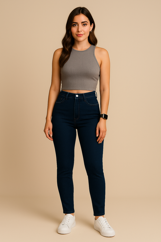 Woman wearing a gray tank top and dark blue jeans on a beige background