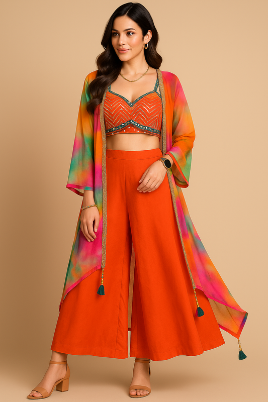 Woman wearing an orange outfit with a colorful jacket against a beige background