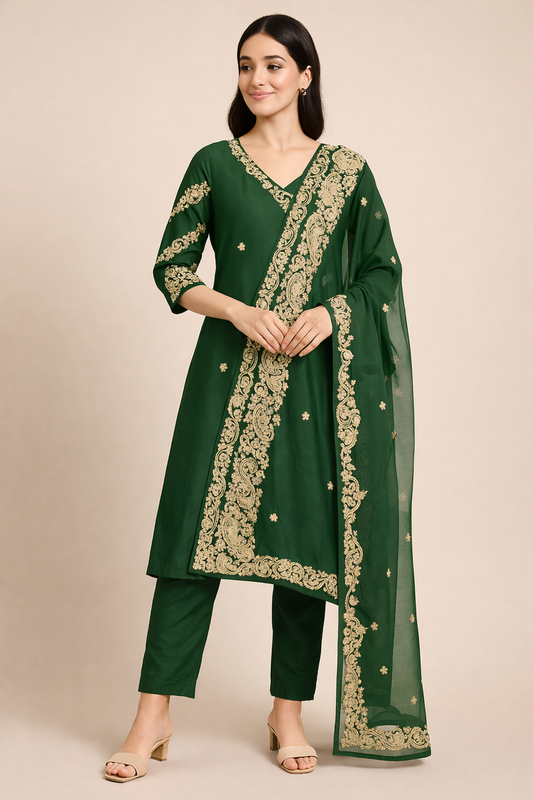 Dark Green Embroidered 3-Piece Ethnic Suit with Dupatta