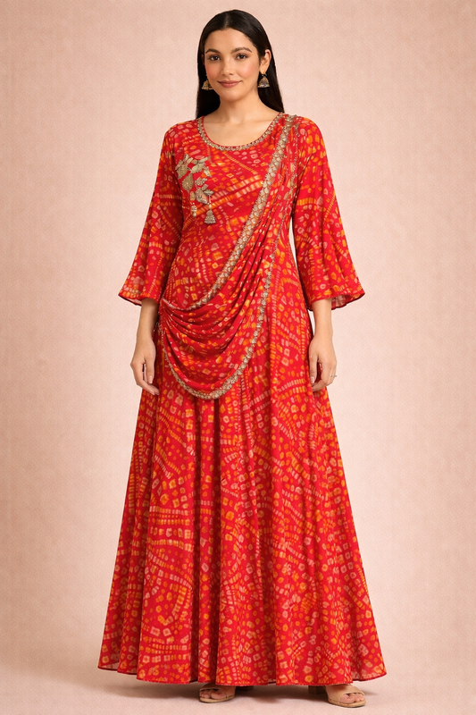 Pink Bandhani Style Draped Anarkali Gown