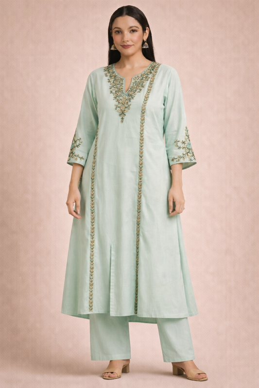 Pastel green embroidered kurta set