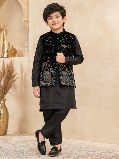 Boys Black Kurta Pajama Set with Jacket