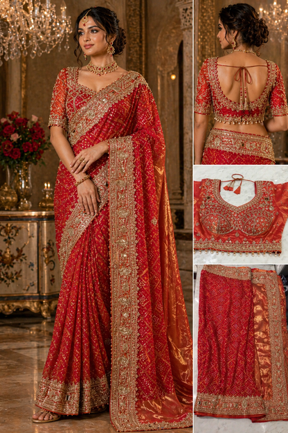 Red Bandhani Saree with Heavy Beaded Border