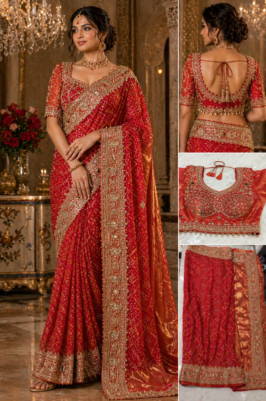 Red Bandhani Saree with Heavy Beaded Border