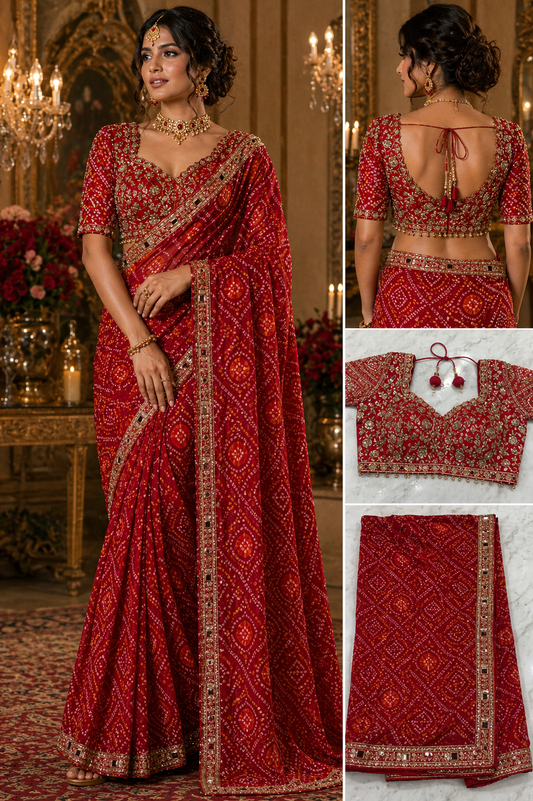 Red Bandhani Print Saree with Heavy Embroidered Designer Blouse