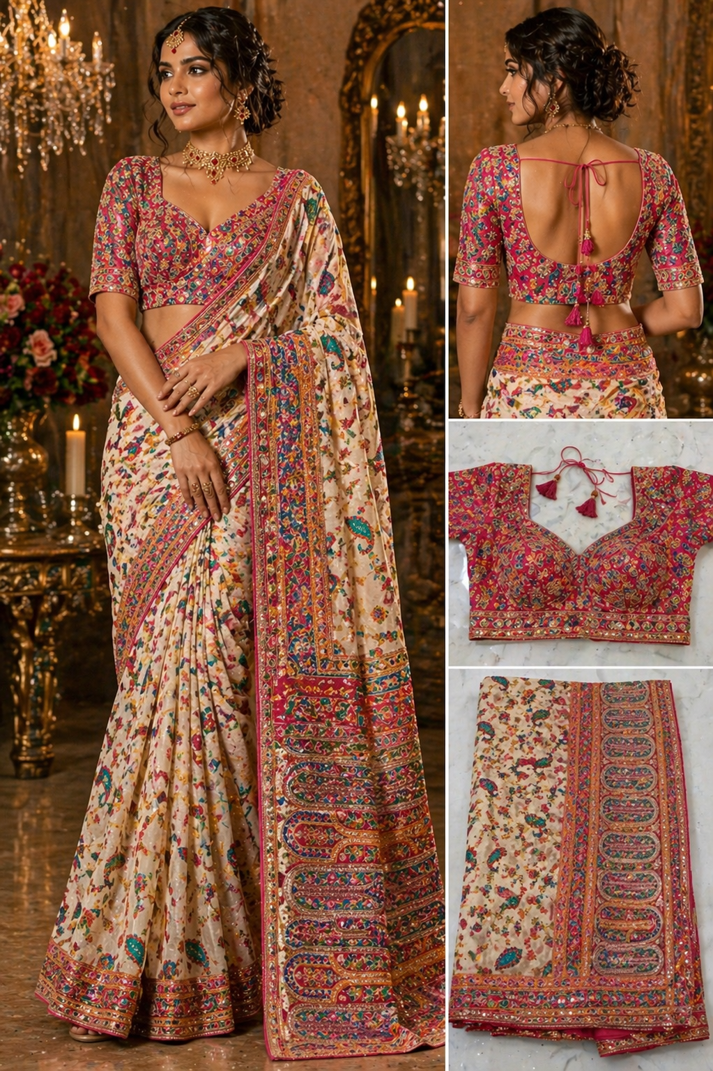 Ivory Ethnic Print Saree with Heritage Multicolour Border