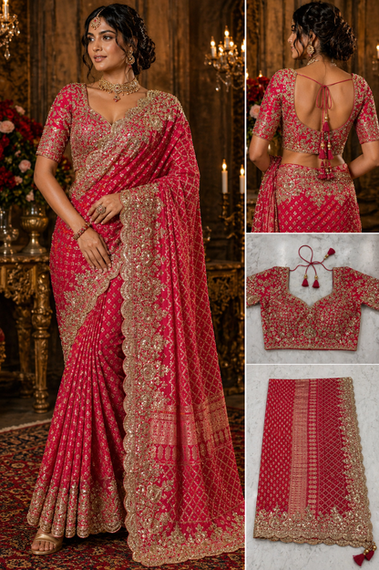 Royal Rani Pink Zari Embroidered Designer Saree with Blouse