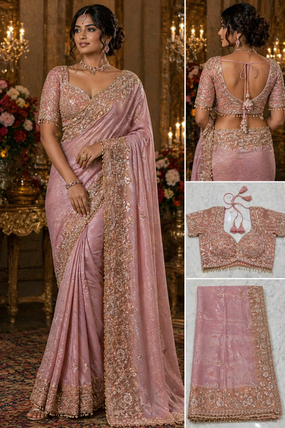 Blush Pink Heavy Embroidered Saree