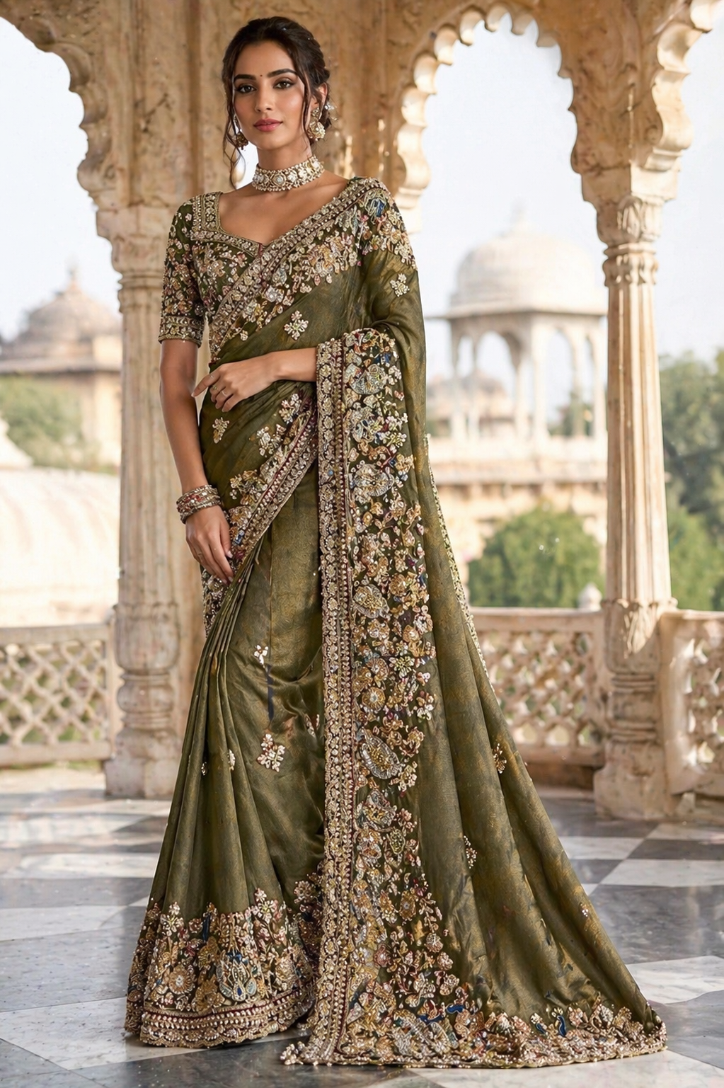 Emerald Peacock Heavy Embroidered Saree with Stitched Blouse