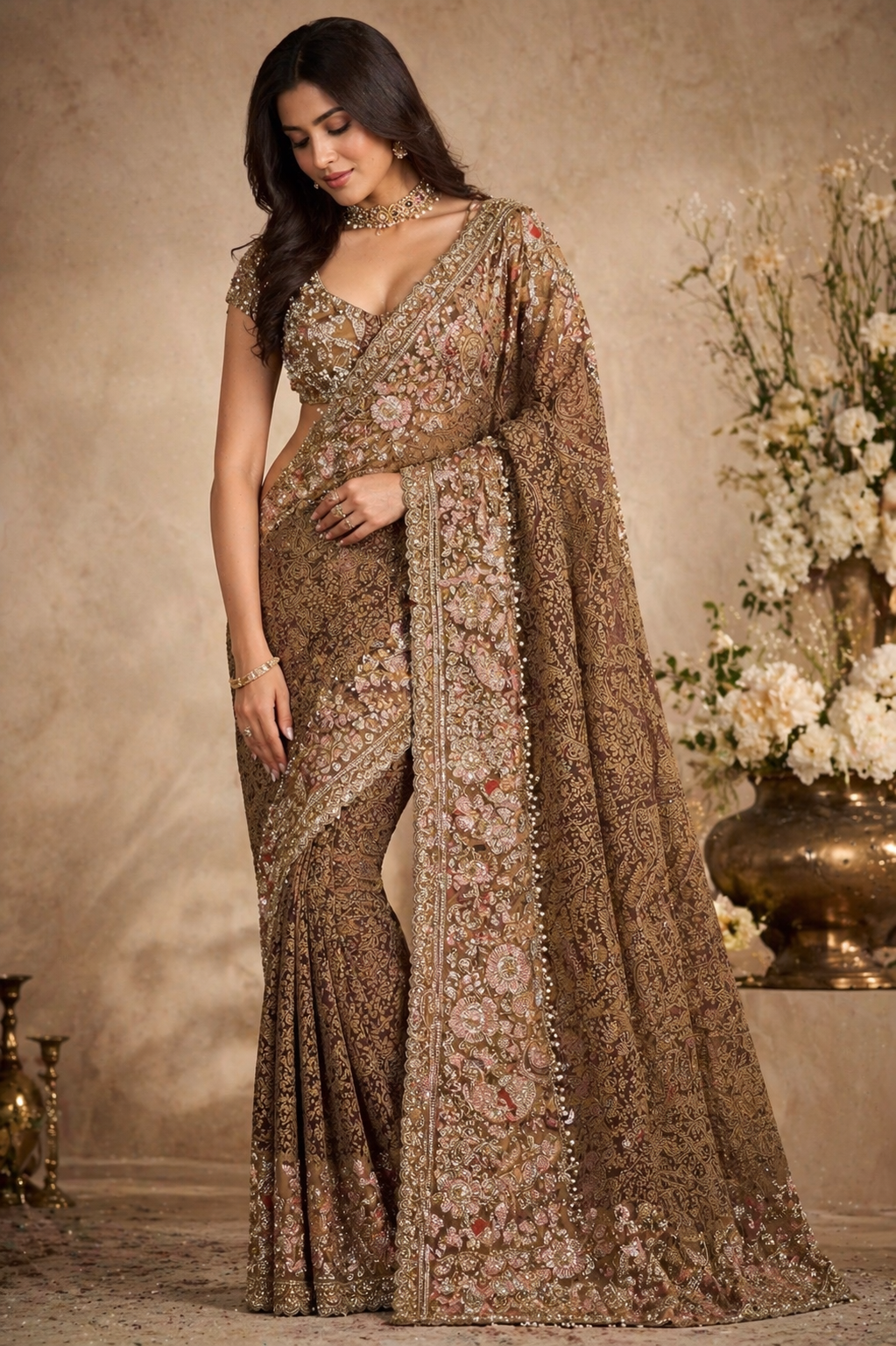 Mocha Rose Heavy Embroidered Saree with Stitched Blouse
