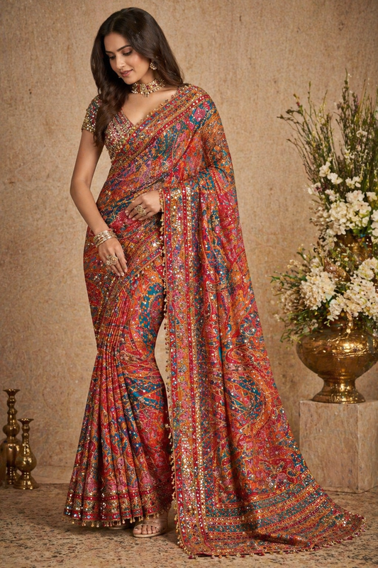 Multicolor Heritage Heavy Embroidered Saree with Stitched Blouse
