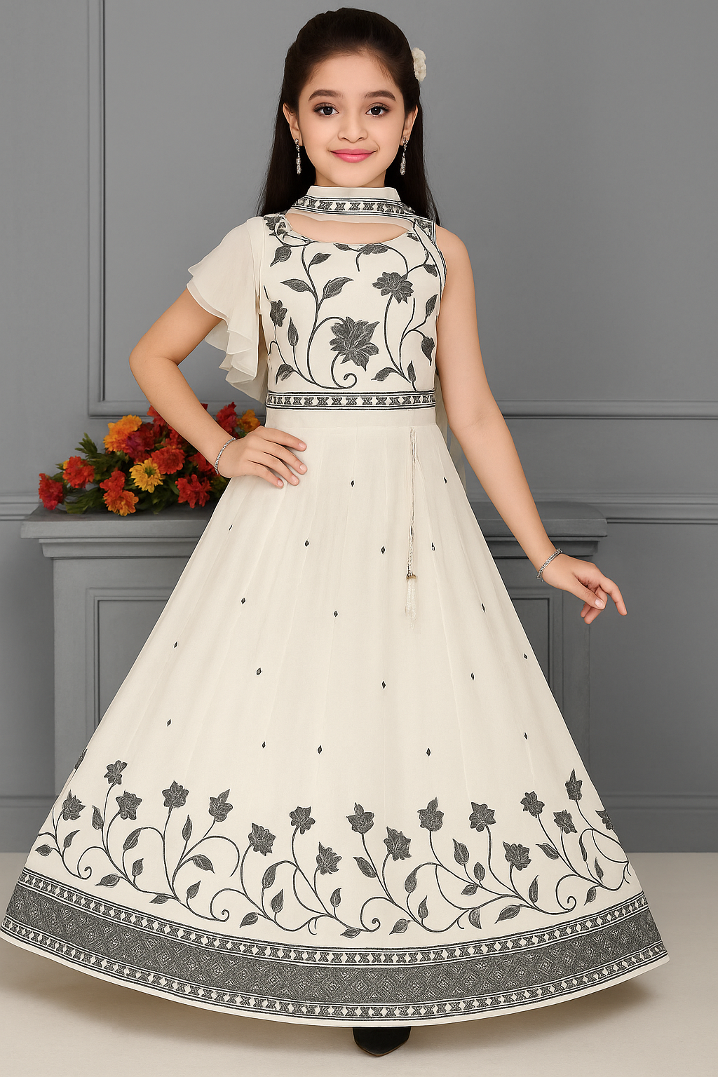 Elegant Cream & Black Floral Embroidered Lehenga Choli