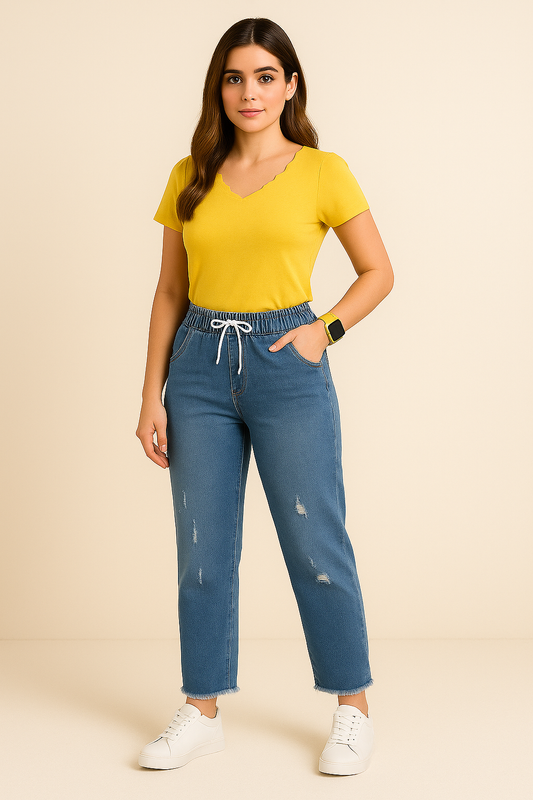Mid-Wash Slim Fit Distressed Jeans