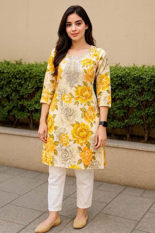 Sunshine Yellow Designer Kurti – Floral Elegance