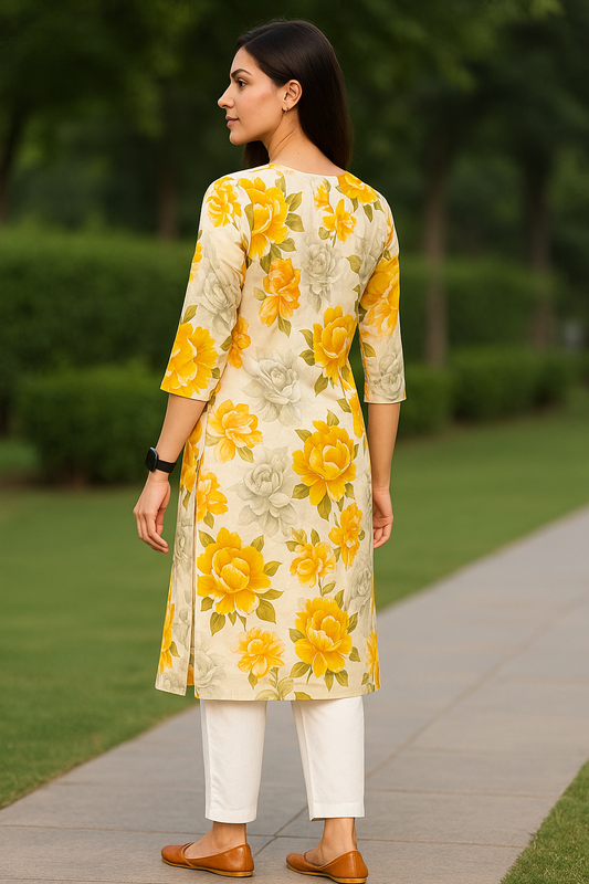 Sunshine Yellow Designer Kurti – Floral Elegance