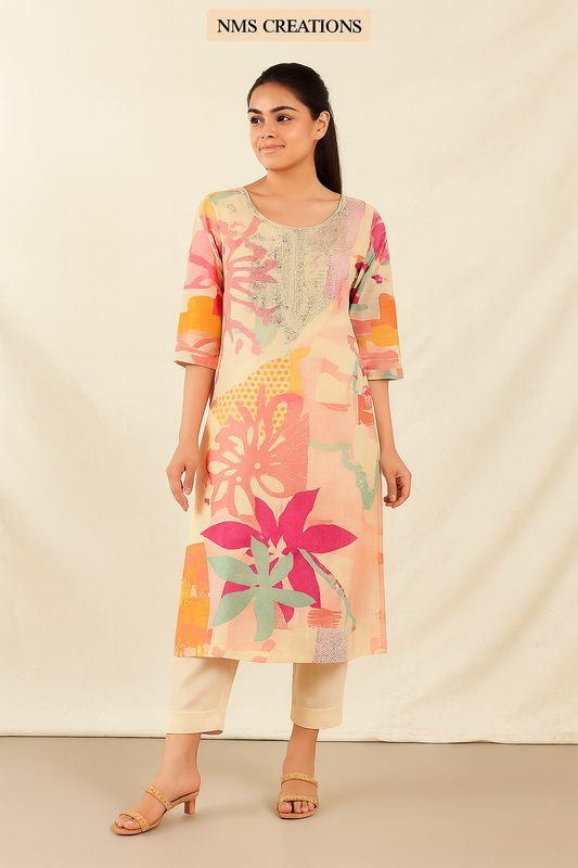 Vibrant Floral Abstract Printed Kurti with Embroidered Neckline