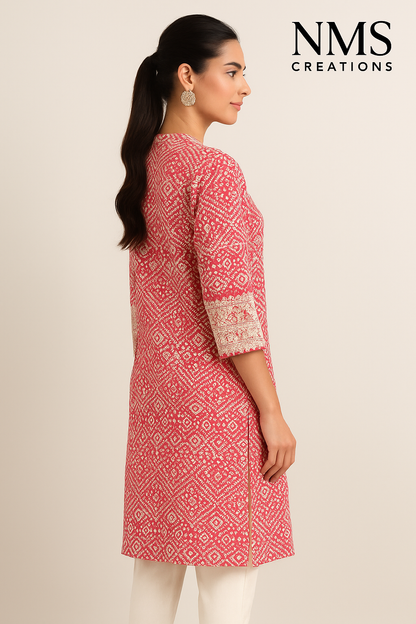 Elegant Pink Chikankari Embroidered Kurti with Geometric Motifs