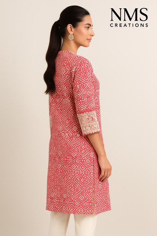 Elegant Pink Chikankari Embroidered Kurti with Geometric Motifs