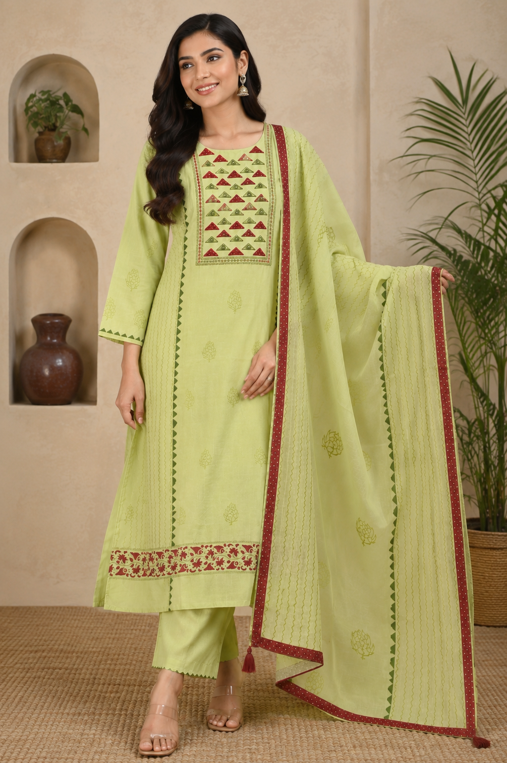 Lime Green Cotton Silk Suit Set – 3 Piece