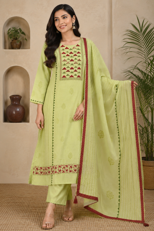 Lime Green Cotton Silk Suit Set – 3 Piece