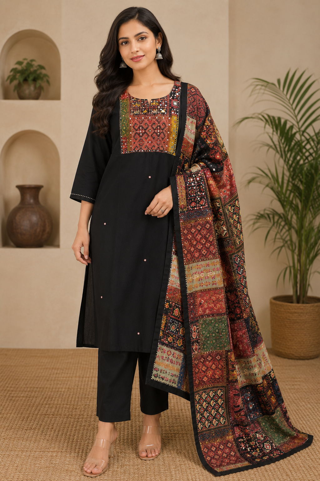 Midnight Black Embroidered Suit Set – 3 Piece
