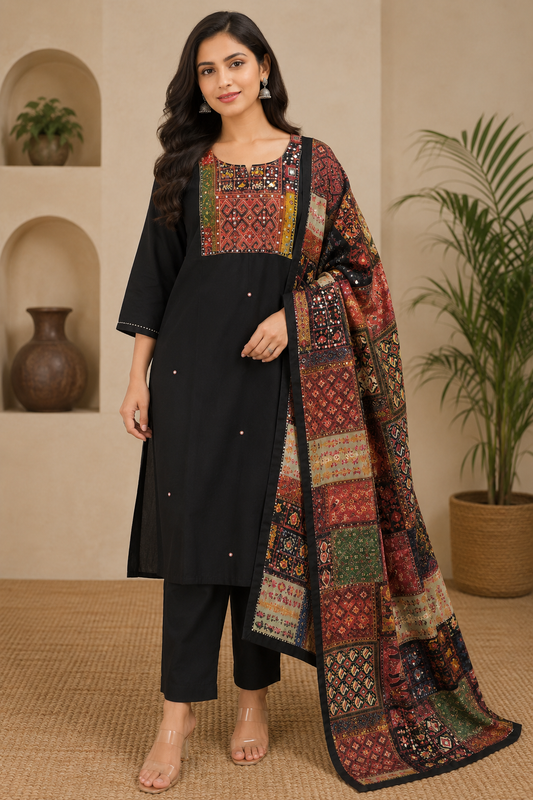 Midnight Black Embroidered Suit Set – 3 Piece