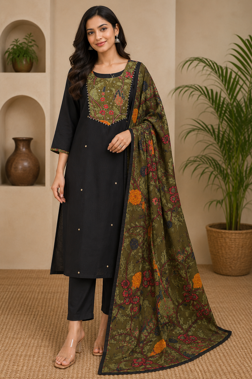 Midnight Black Embroidered Kurta Suit Set with Olive Green Dupatta