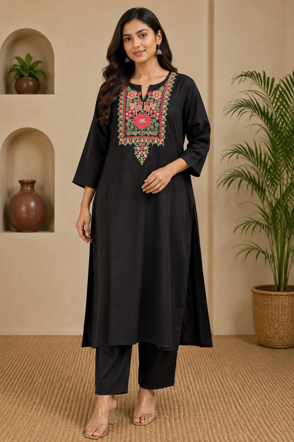 Midnight Black Embroidered Kurta Set – 2 Piece