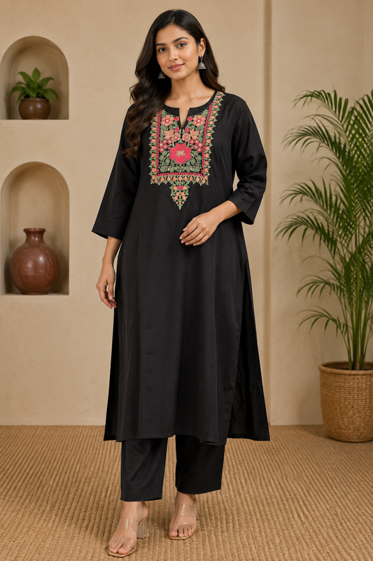 Midnight Black Embroidered Kurta Set – 2 Piece